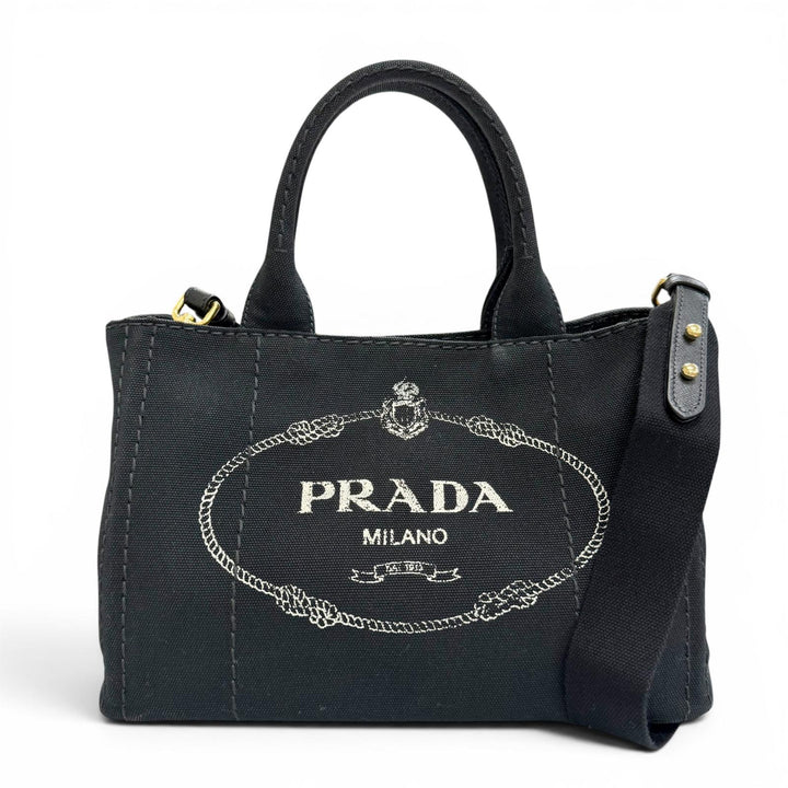 Great PRADA Tote Bag Canapa Triangle logo 2WAY Shoulder black canvas 1BG439