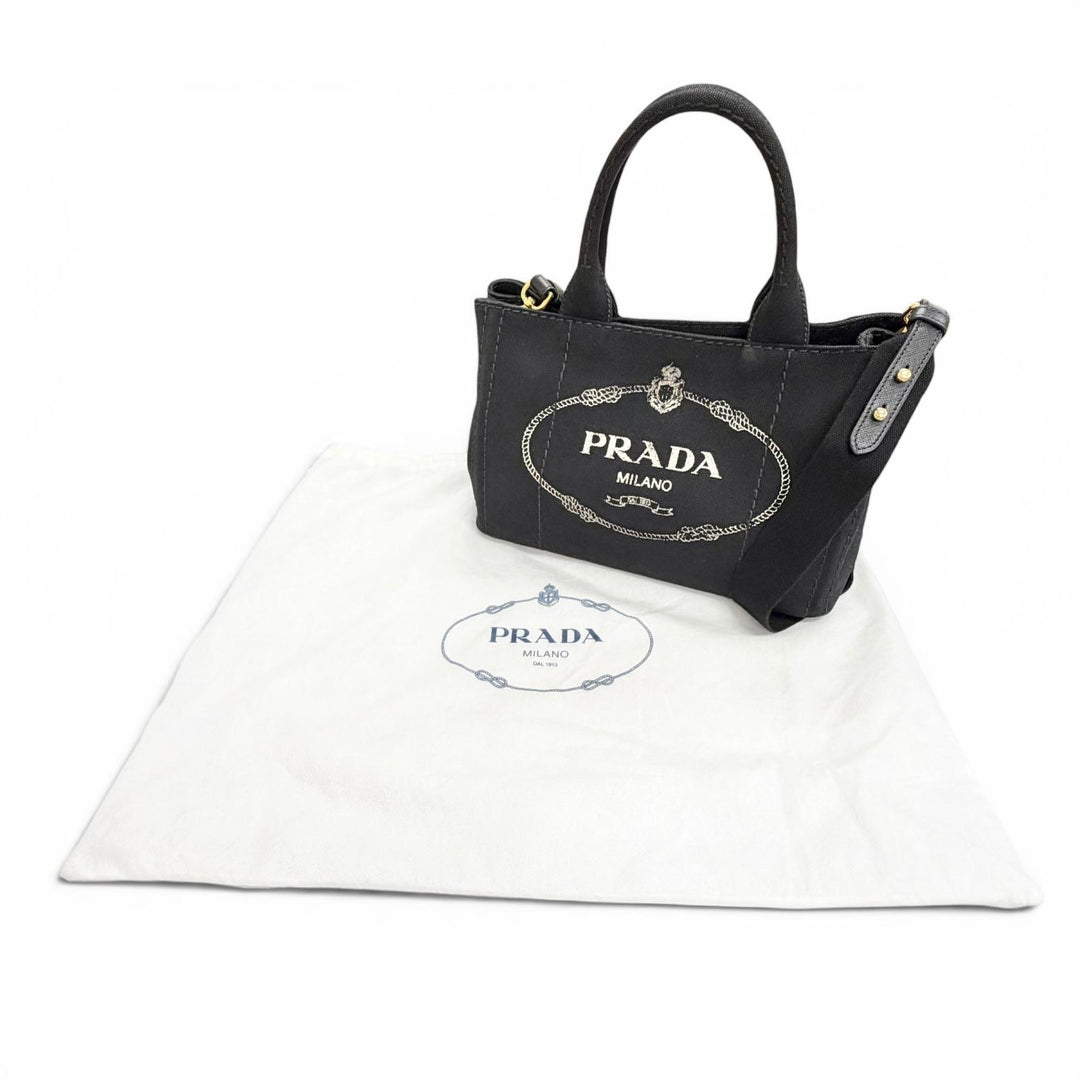 Great PRADA Tote Bag Canapa Triangle logo 2WAY Shoulder black canvas 1BG439