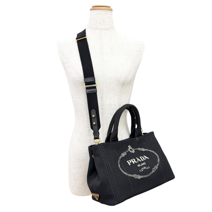 Great PRADA Tote Bag Canapa Triangle logo 2WAY Shoulder black canvas 1BG439