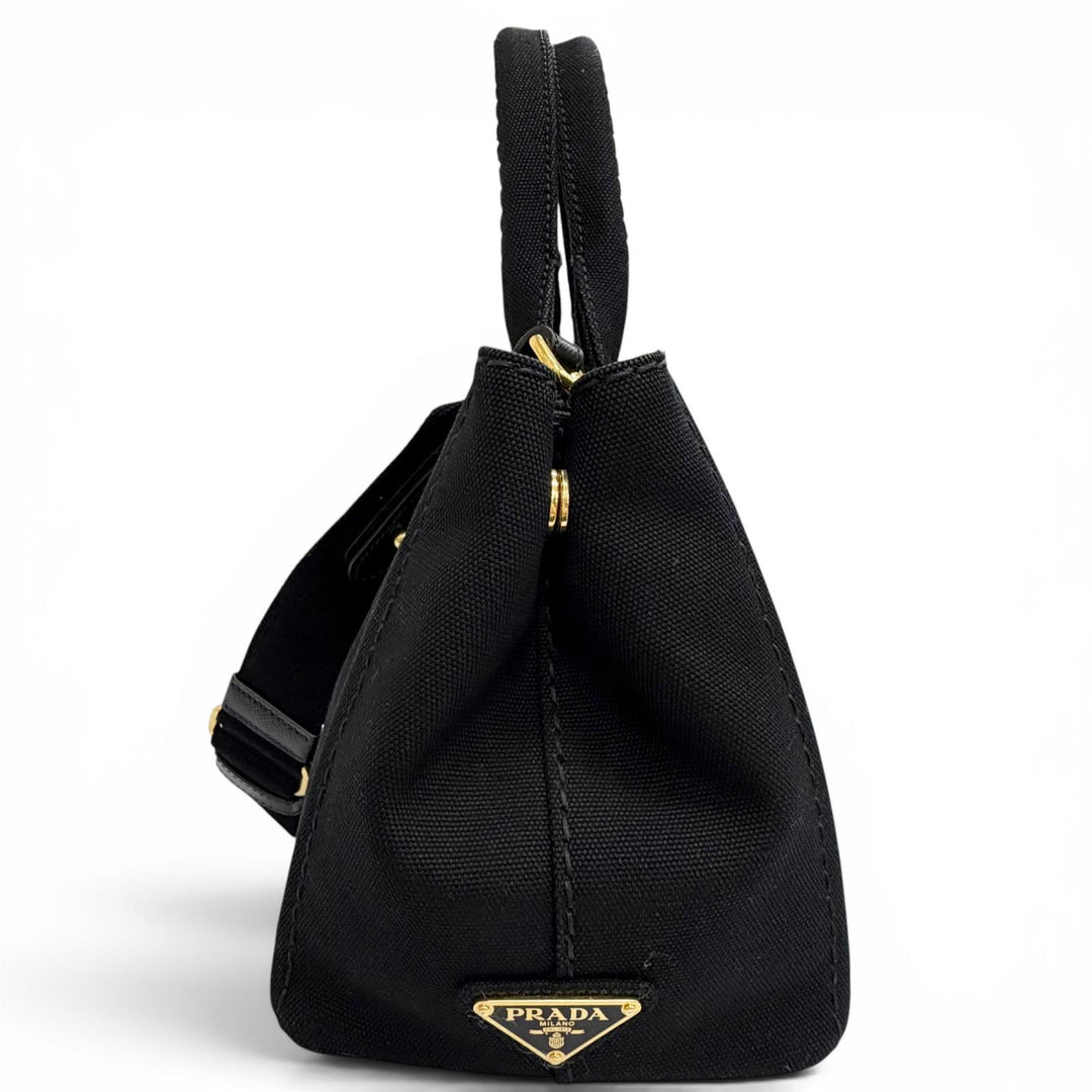 Great PRADA Tote Bag Canapa Triangle logo 2WAY Shoulder black canvas 1BG439