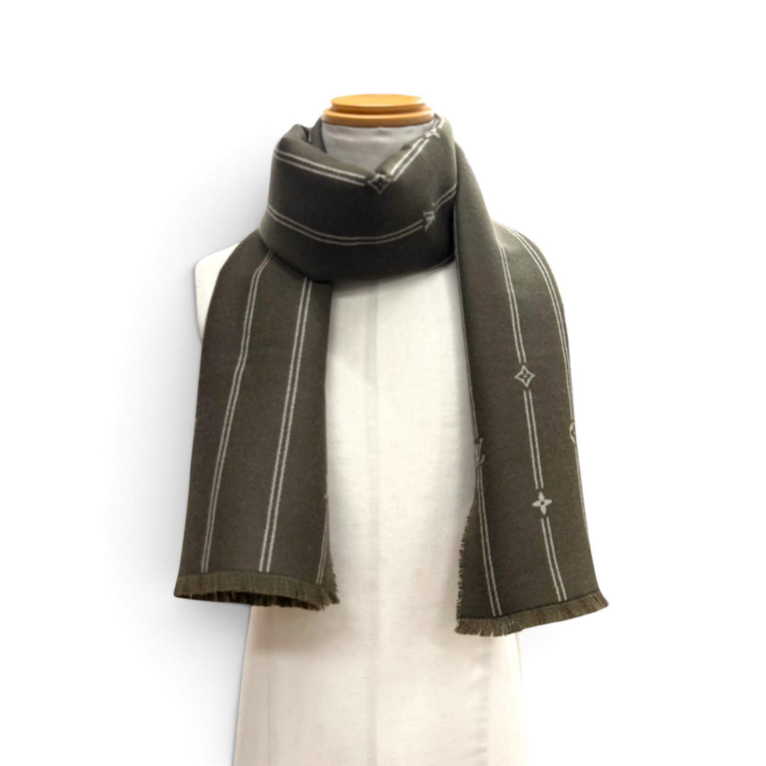 Excellent LOUIS VUITTON Scarf Monogram Stripes khaki wool mens