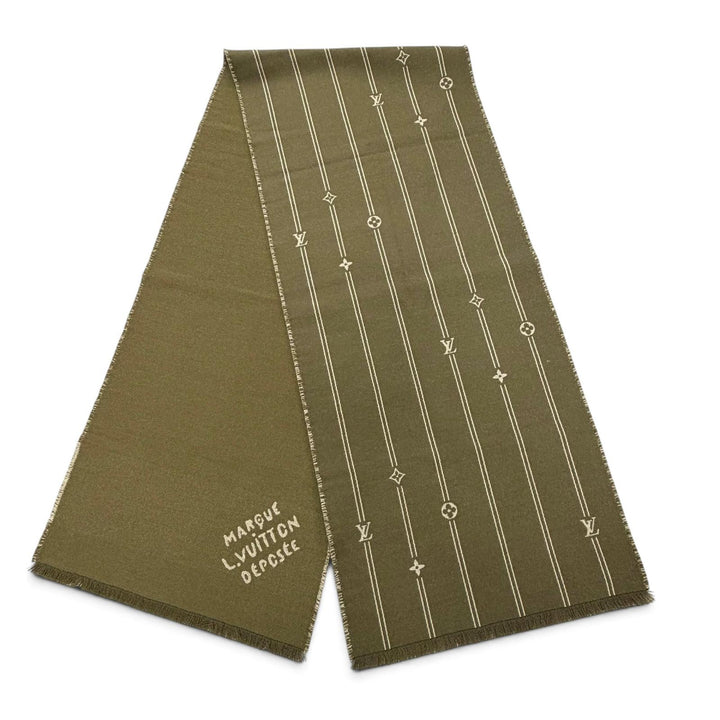 Excellent LOUIS VUITTON Scarf Monogram Stripes khaki wool mens