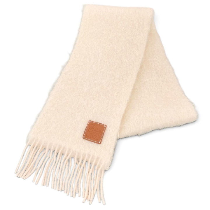 Excellent LOEWE Scarf Anagram leather patch fringe Ivory mohair Women