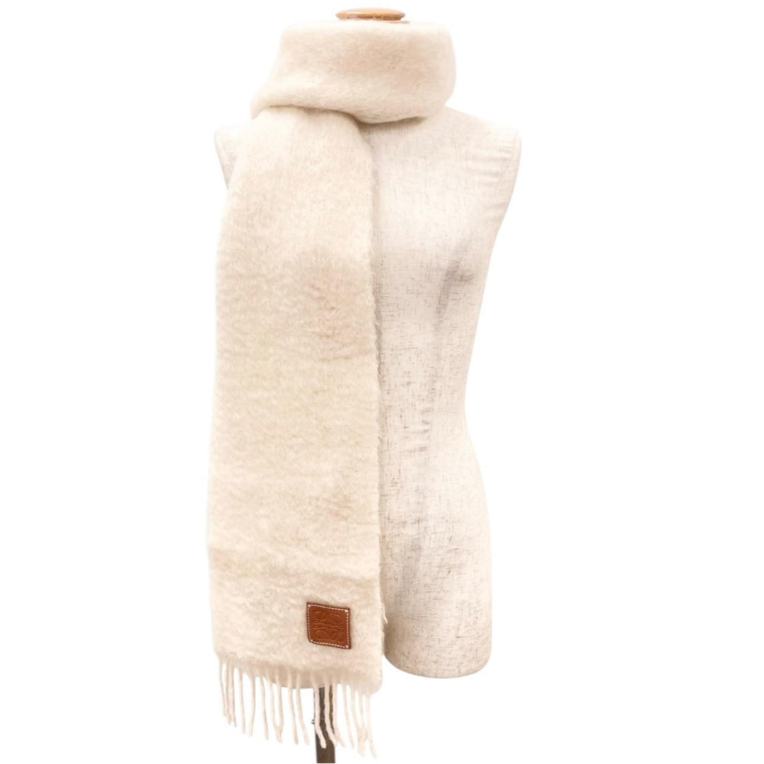 Excellent LOEWE Scarf Anagram leather patch fringe Ivory mohair Women