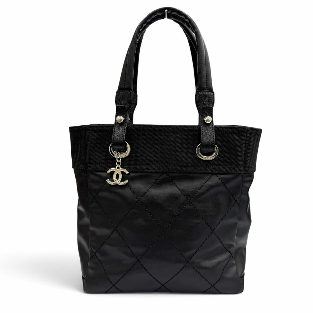 Excellent CHANEL Tote Bag Paris Biarritz PM black Coated canvas Women A34208