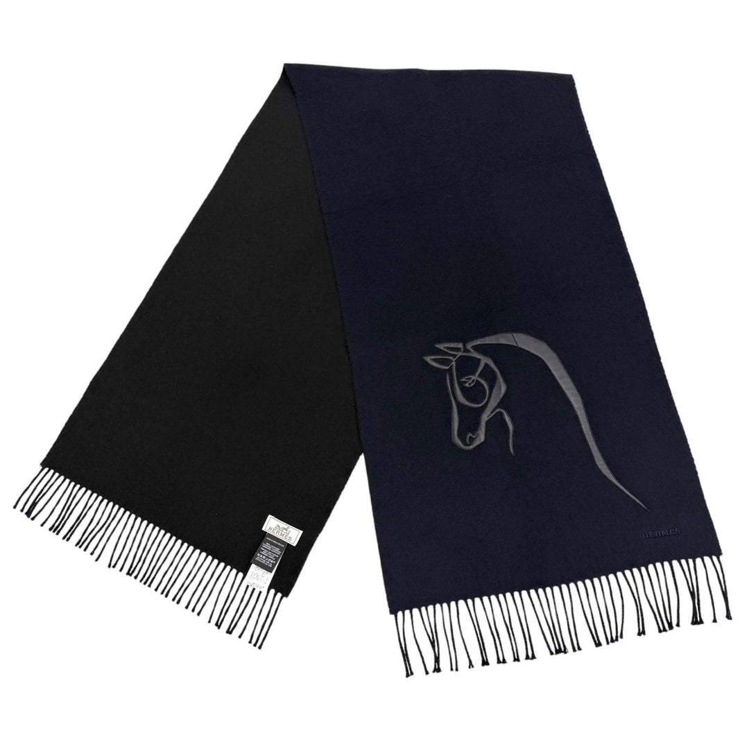Excellent HERMES Scarf Cheval au Tré Navy cashmere mens