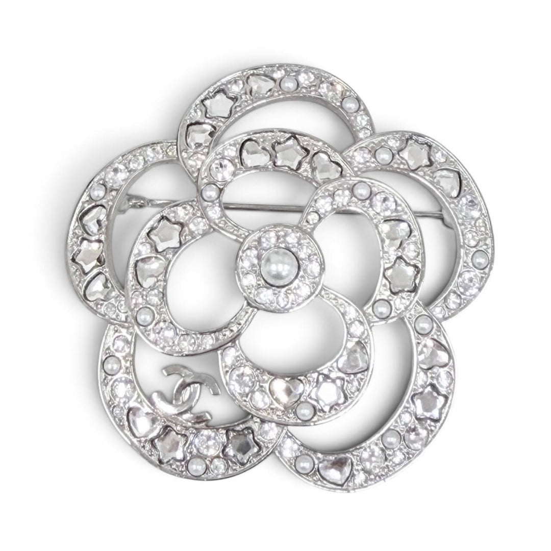 Excellent CHANEL Brooch Camellia COCO Mark Pearl Rhinestone Heart A25P AB9720