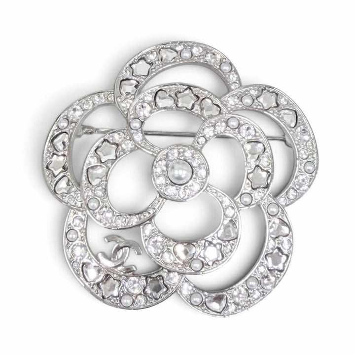 Excellent CHANEL Brooch Camellia COCO Mark Pearl Rhinestone Heart A25P AB9720