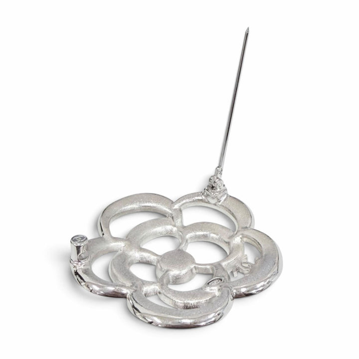 Excellent CHANEL Brooch Camellia COCO Mark Pearl Rhinestone Heart A25P AB9720