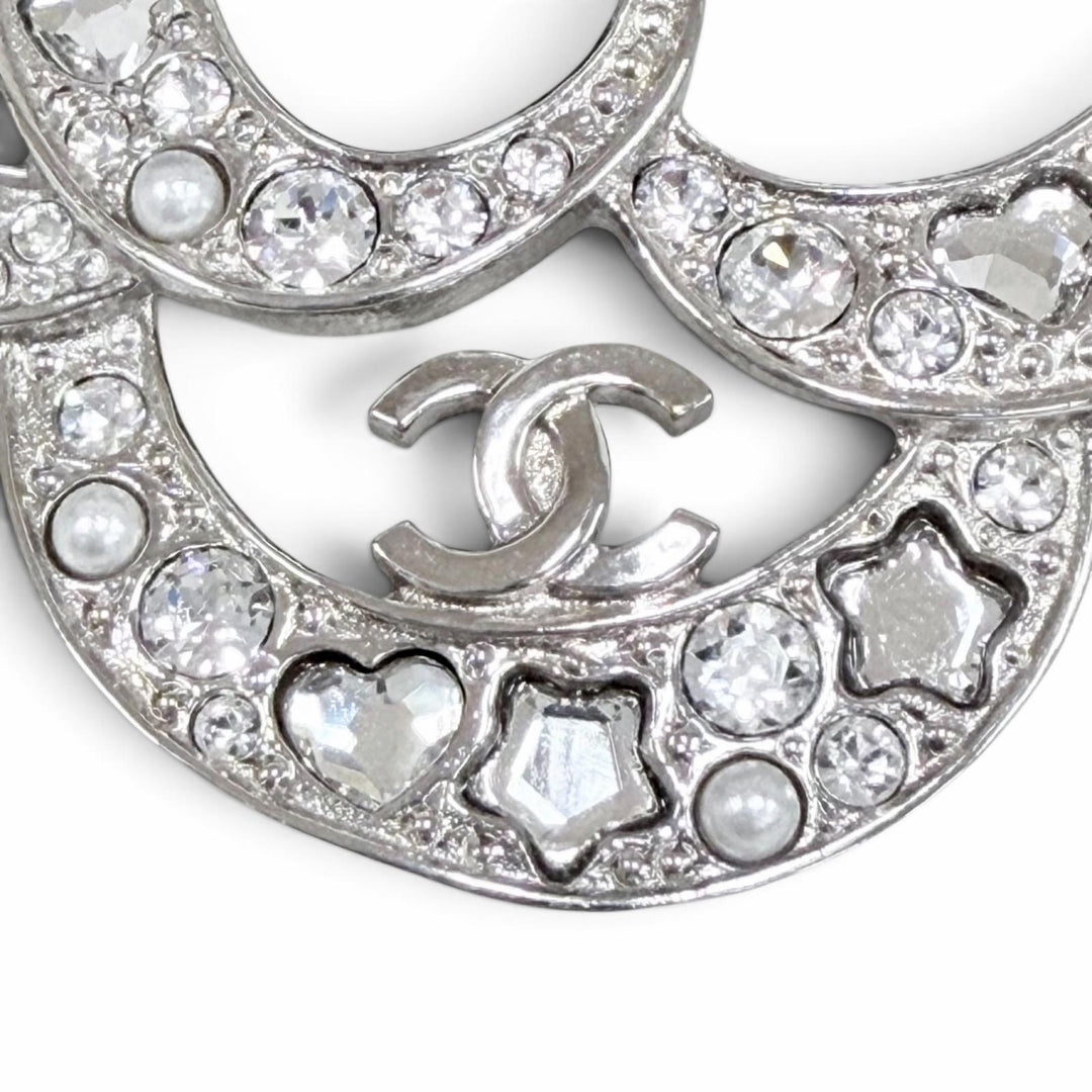Excellent CHANEL Brooch Camellia COCO Mark Pearl Rhinestone Heart A25P AB9720
