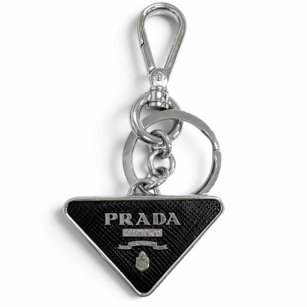 Very Good PRADA key ring triangle logo charm Silver mens