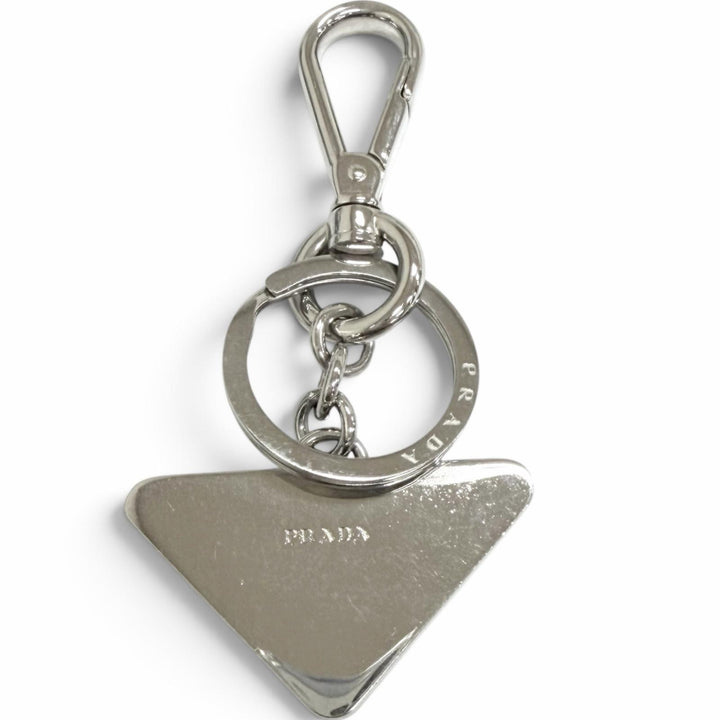 Very Good PRADA key ring triangle logo charm Silver mens