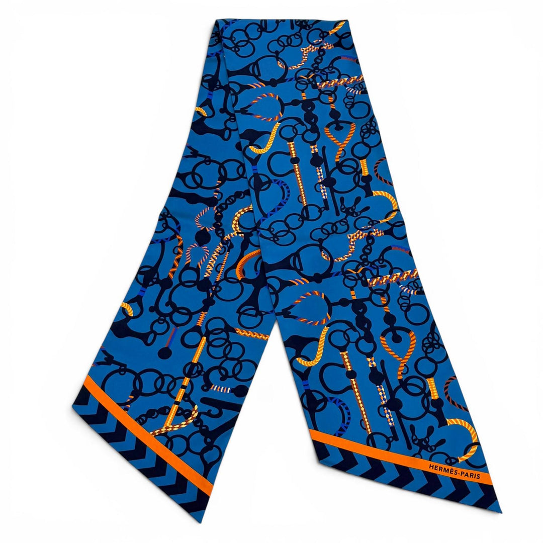Excellent HERMES scarf MORS ET TRESSET blue silk Women