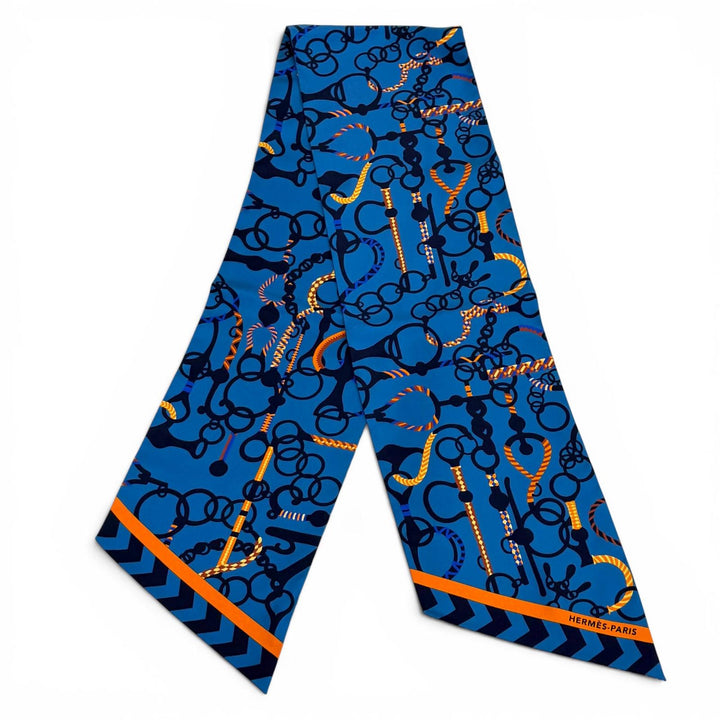 Excellent HERMES scarf MORS ET TRESSET blue silk Women