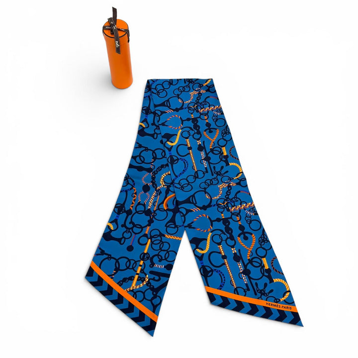 Excellent HERMES scarf MORS ET TRESSET blue silk Women