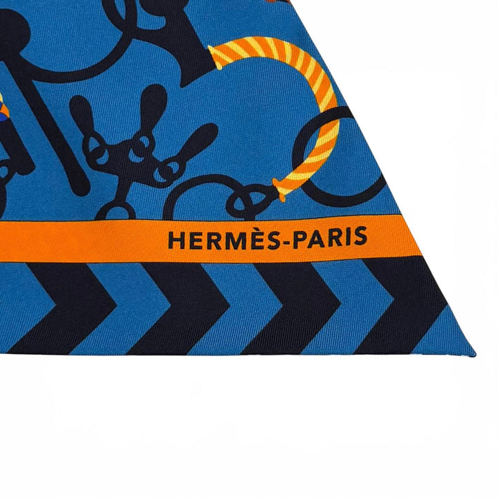 Excellent HERMES scarf MORS ET TRESSET blue silk Women