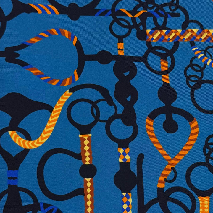Excellent HERMES scarf MORS ET TRESSET blue silk Women