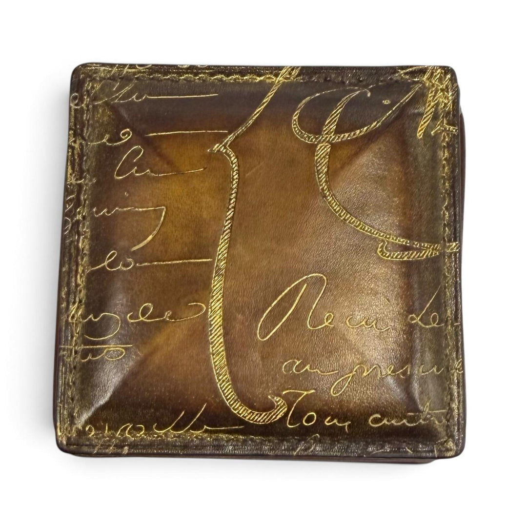 Great BERLUTI Coin case KHAYA Kaya Calligraphy Golden Patina Leather Brown mens