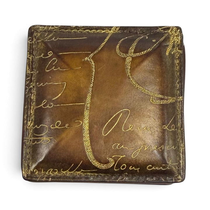 Great BERLUTI Coin case KHAYA Kaya Calligraphy Golden Patina Leather Brown mens