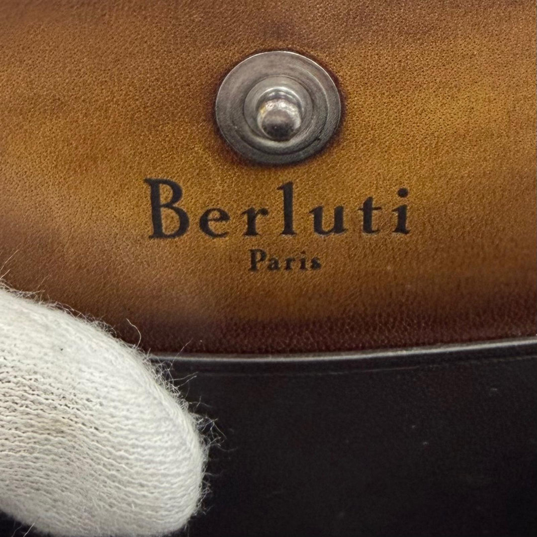Great BERLUTI Coin case KHAYA Kaya Calligraphy Golden Patina Leather Brown mens