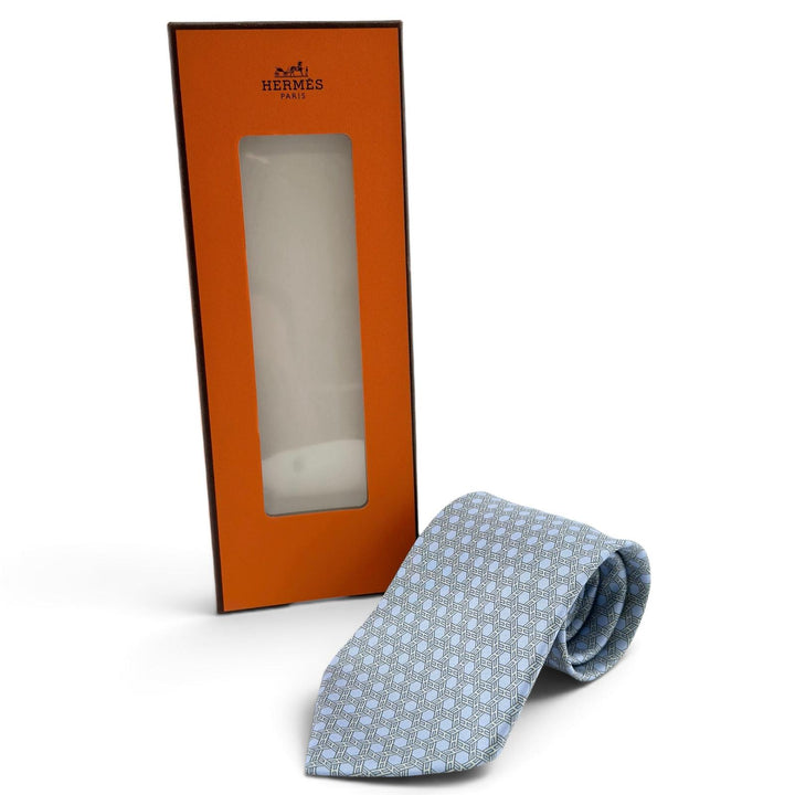 Excellent HERMES tie Geometric H motif twill tie Light blue silk mens 5359 OA