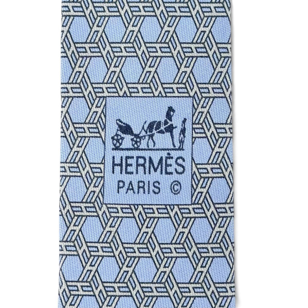 Excellent HERMES tie Geometric H motif twill tie Light blue silk mens 5359 OA