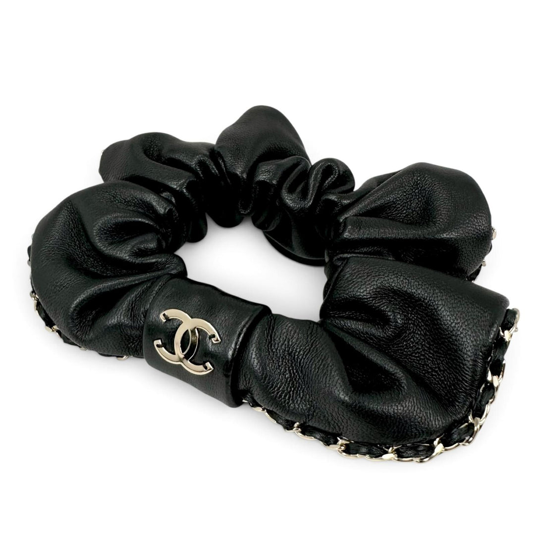 Excellent CHANEL hair accessory COCO MarkMetal Chain Trim Scrunchie lambskin A22