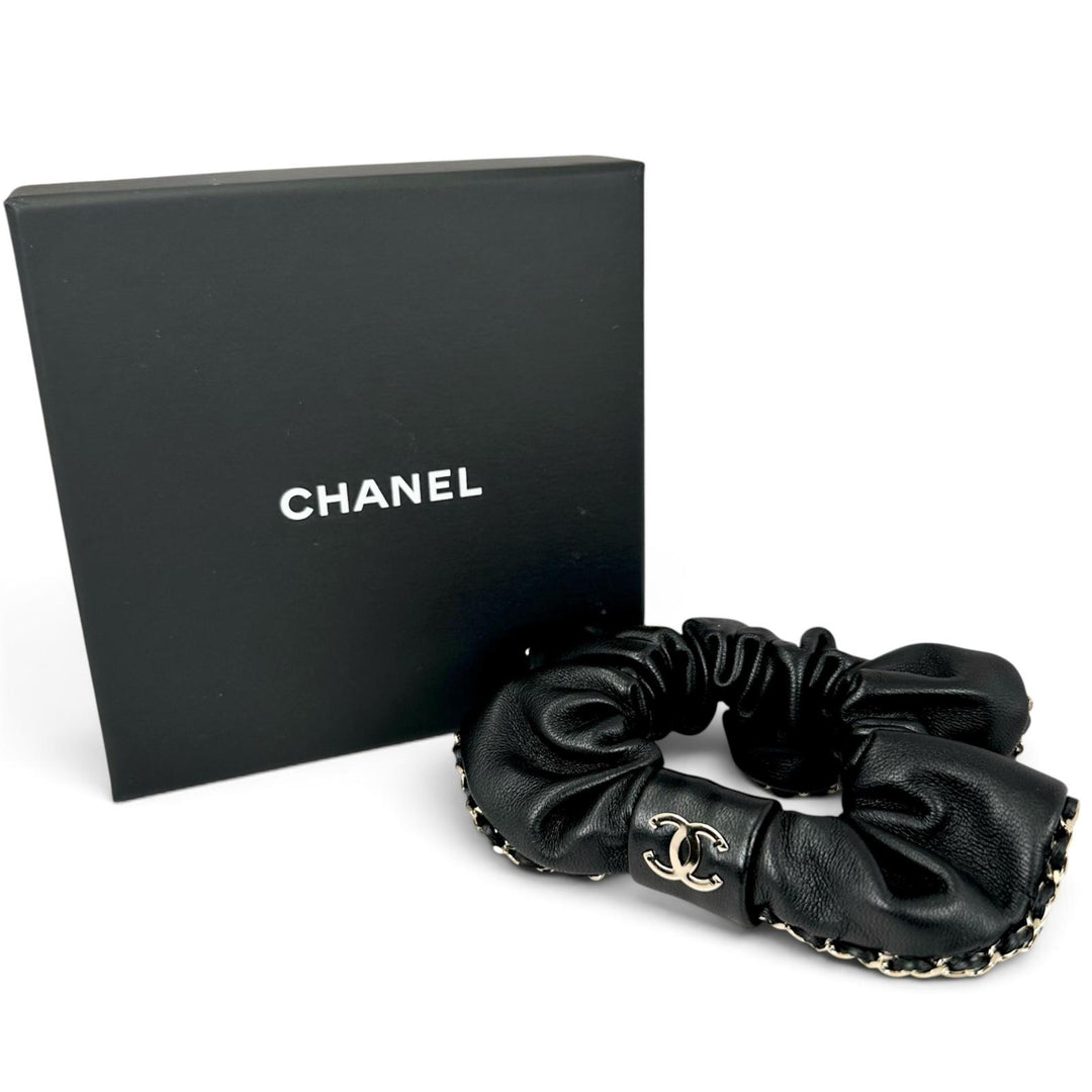Excellent CHANEL hair accessory COCO MarkMetal Chain Trim Scrunchie lambskin A22
