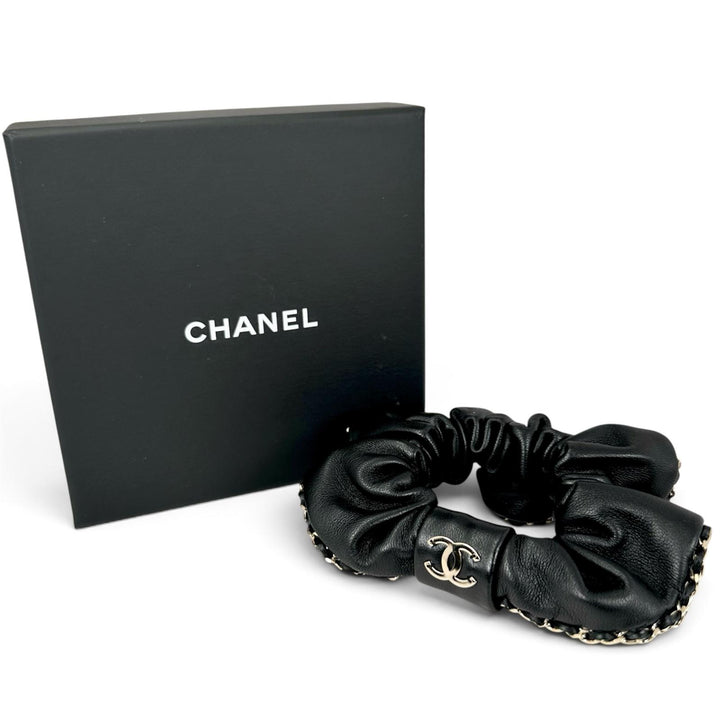 Excellent CHANEL hair accessory COCO MarkMetal Chain Trim Scrunchie lambskin A22