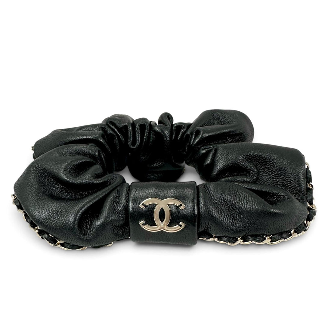 Excellent CHANEL hair accessory COCO MarkMetal Chain Trim Scrunchie lambskin A22