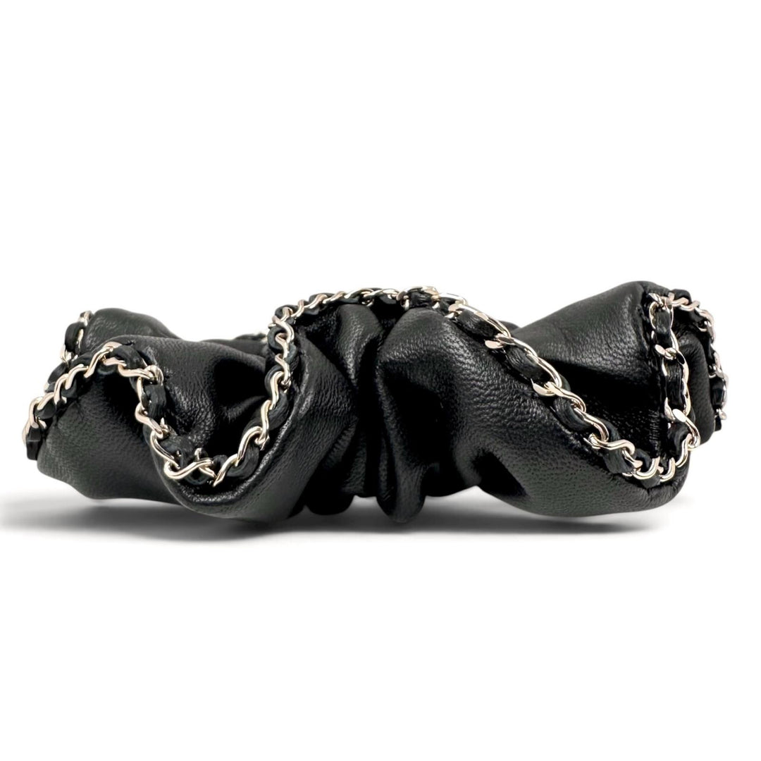 Excellent CHANEL hair accessory COCO MarkMetal Chain Trim Scrunchie lambskin A22