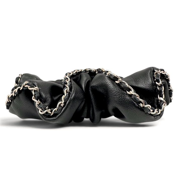 Excellent CHANEL hair accessory COCO MarkMetal Chain Trim Scrunchie lambskin A22