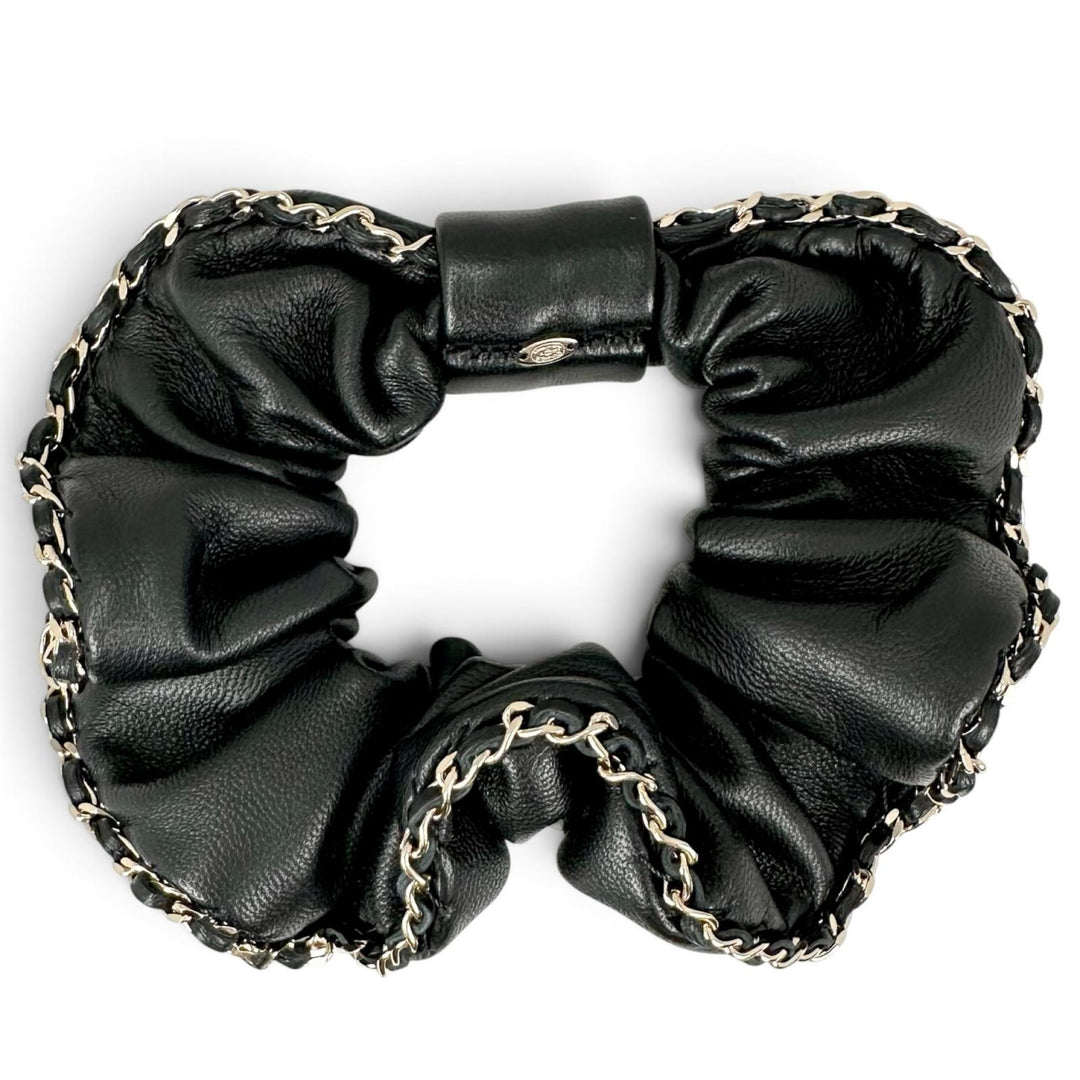 Excellent CHANEL hair accessory COCO MarkMetal Chain Trim Scrunchie lambskin A22