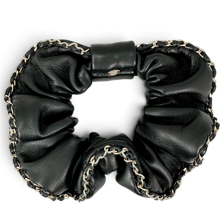 Excellent CHANEL hair accessory COCO MarkMetal Chain Trim Scrunchie lambskin A22