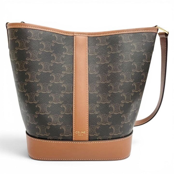 Excellent CELINE Shoulder Bag small bucket Brown Triomphe canvas Women