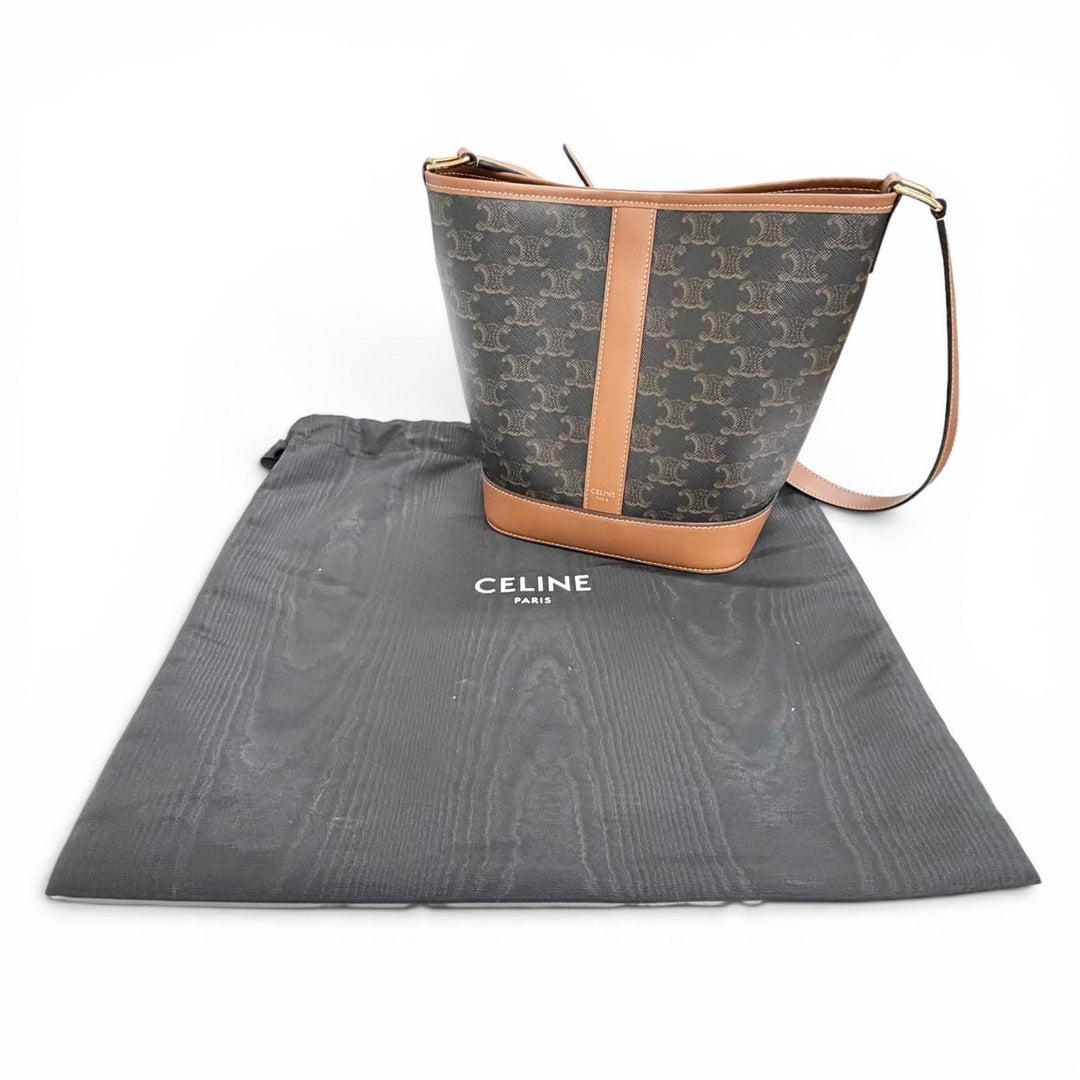 Excellent CELINE Shoulder Bag small bucket Brown Triomphe canvas Women