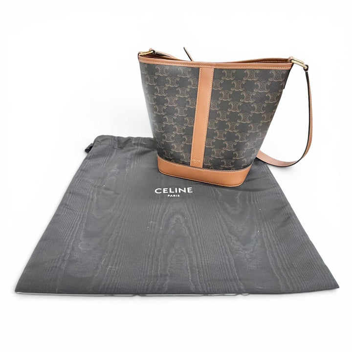 Excellent CELINE Shoulder Bag small bucket Brown Triomphe canvas Women