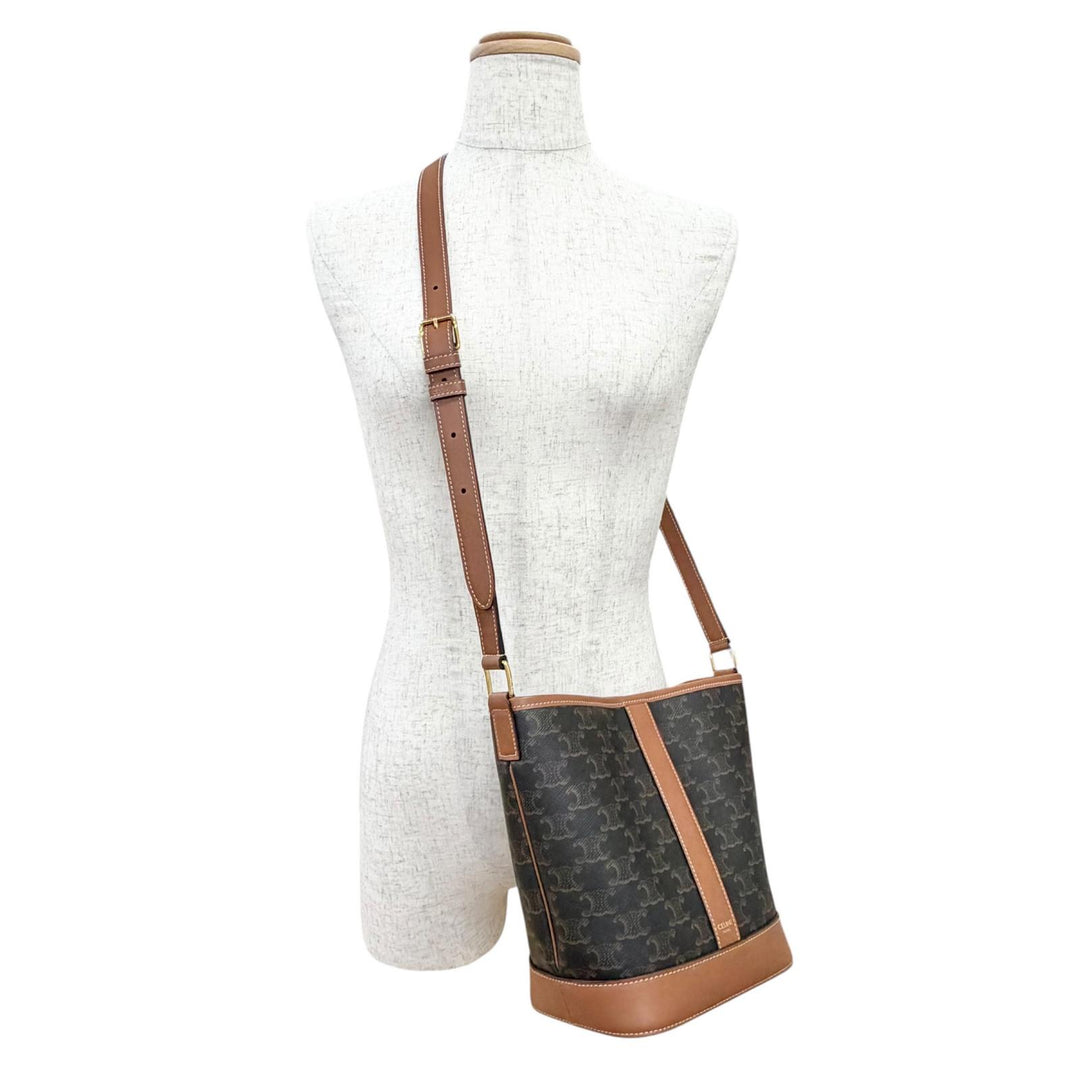 Excellent CELINE Shoulder Bag small bucket Brown Triomphe canvas Women
