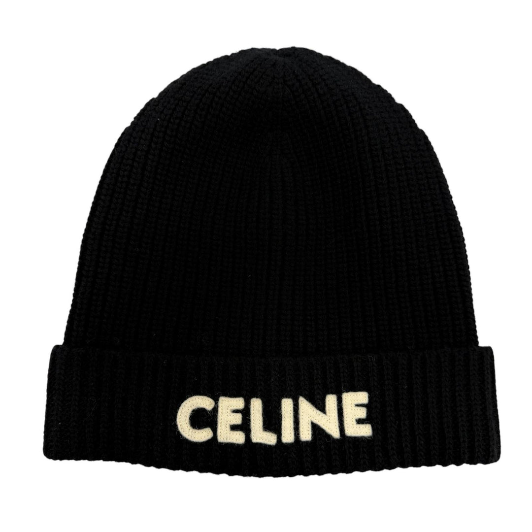Excellent CELINE Knit cap Logo knit beanie black wool Women 2A25R535Q