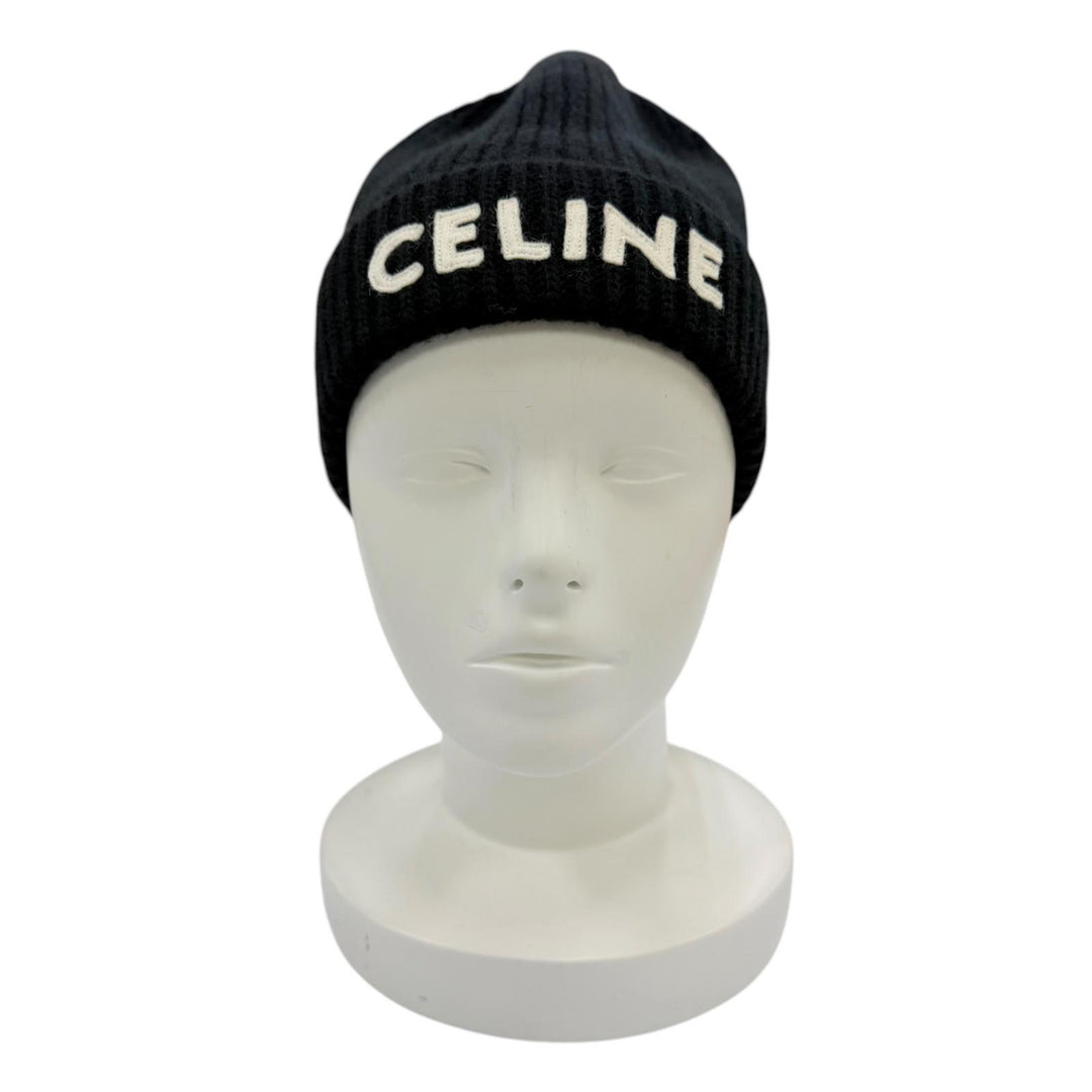 Excellent CELINE Knit cap Logo knit beanie black wool Women 2A25R535Q