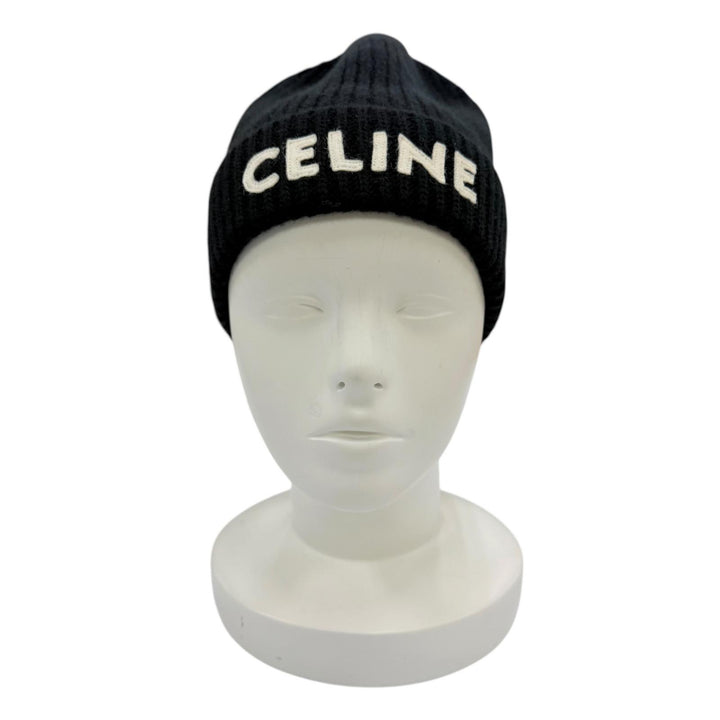 Excellent CELINE Knit cap Logo knit beanie black wool Women 2A25R535Q