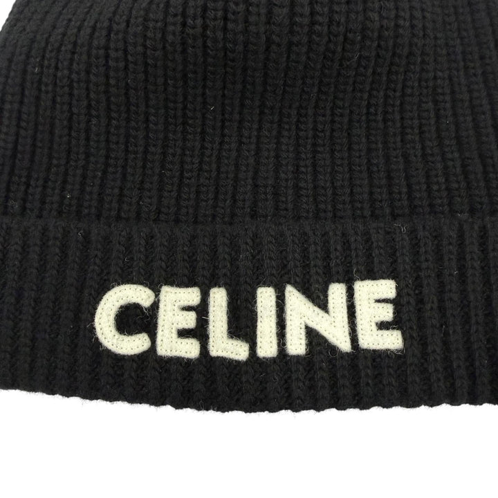 Excellent CELINE Knit cap Logo knit beanie black wool Women 2A25R535Q