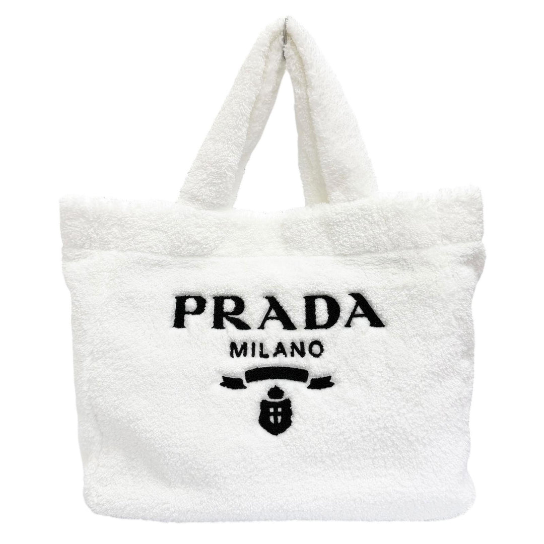 Excellent PRADA Terry Tote Bag Triangle logo, large size white 1BG130