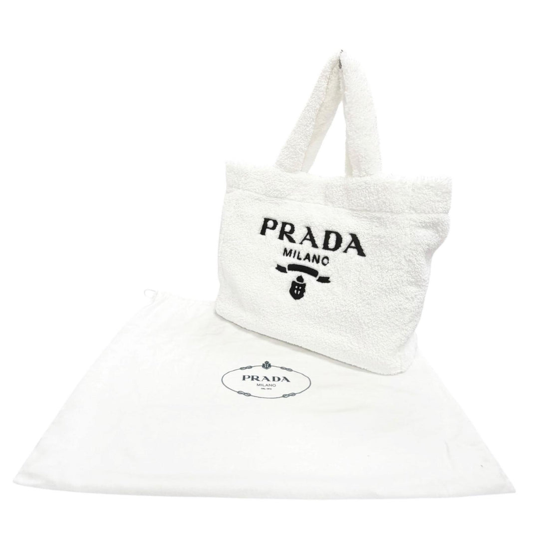 Excellent PRADA Terry Tote Bag Triangle logo, large size white 1BG130