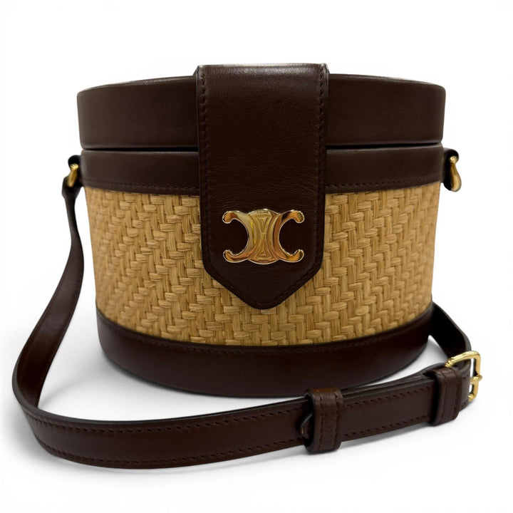 Pristine CELINE Shoulder Bag Tambour Raffia Medium Triomphe natural Raffia