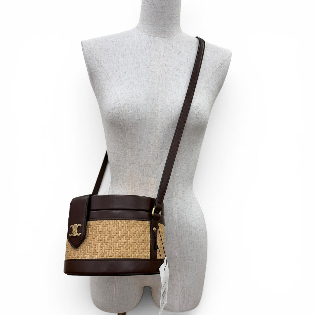 Pristine CELINE Shoulder Bag Tambour Raffia Medium Triomphe natural Raffia