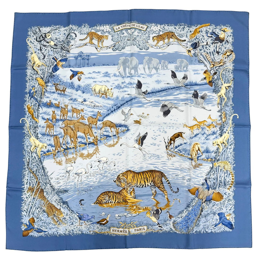 Excellent HERMES scarf LA TREVE DE L EAU (The Water Truce) Carre 90 Blue silk