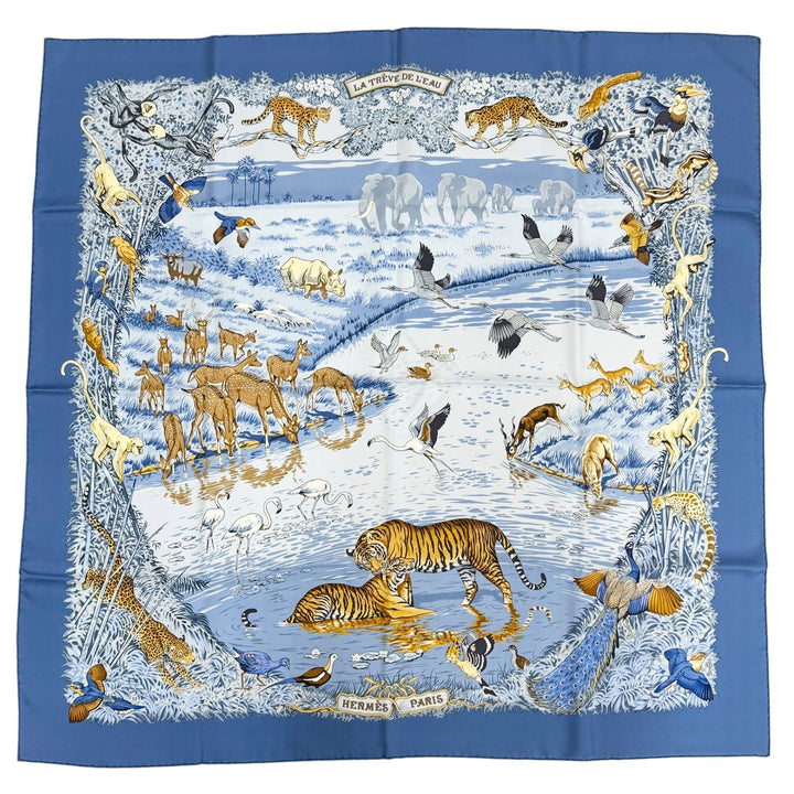 Excellent HERMES scarf LA TREVE DE L EAU (The Water Truce) Carre 90 Blue silk