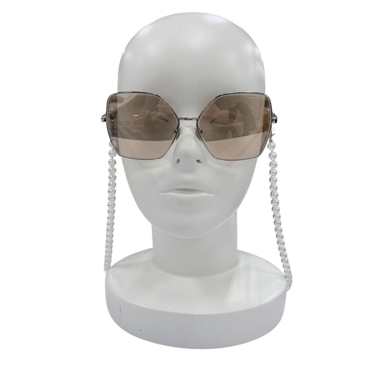 Excellent CHANEL sunglasses COCO Mark Pearl Chain Butterfly Silver Women 4262