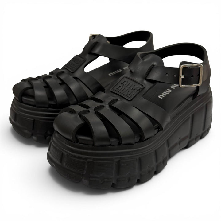 Great MIUMIU Sandals EVA Logo patch platform rubber Gurkha black rubber Women 36